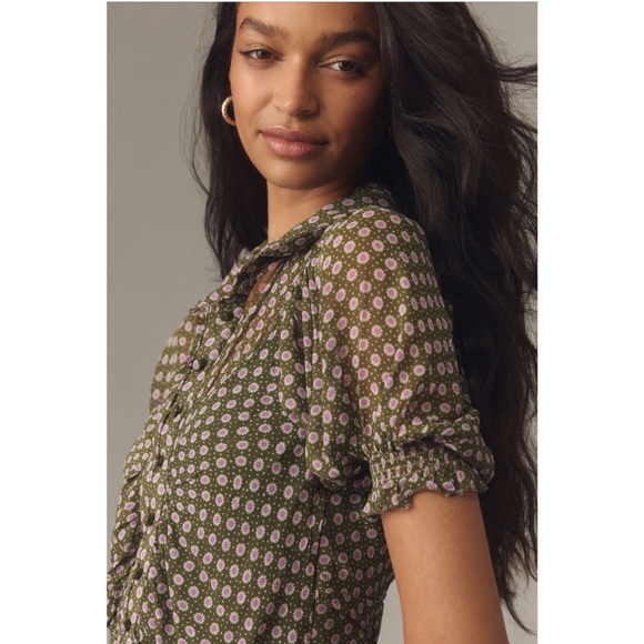 Anthropologie Puff Sleeve Ruched Mesh Midi Shirt Dress New With Tags - Picture 2 of 2